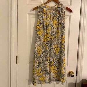 loft floral yellow and blue knee length sleeveless dress with pockets. MP